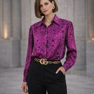 Vintage 80s Power Blouse Magenta Abstract Print Hidden Button Shoulder Pad Sz LP